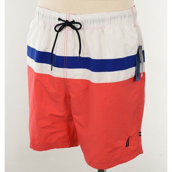 NAUTICA Mens Seaside Red COLORBLOCK Swim Trunks Shorts LARGE NWT - Picture 1 of 2